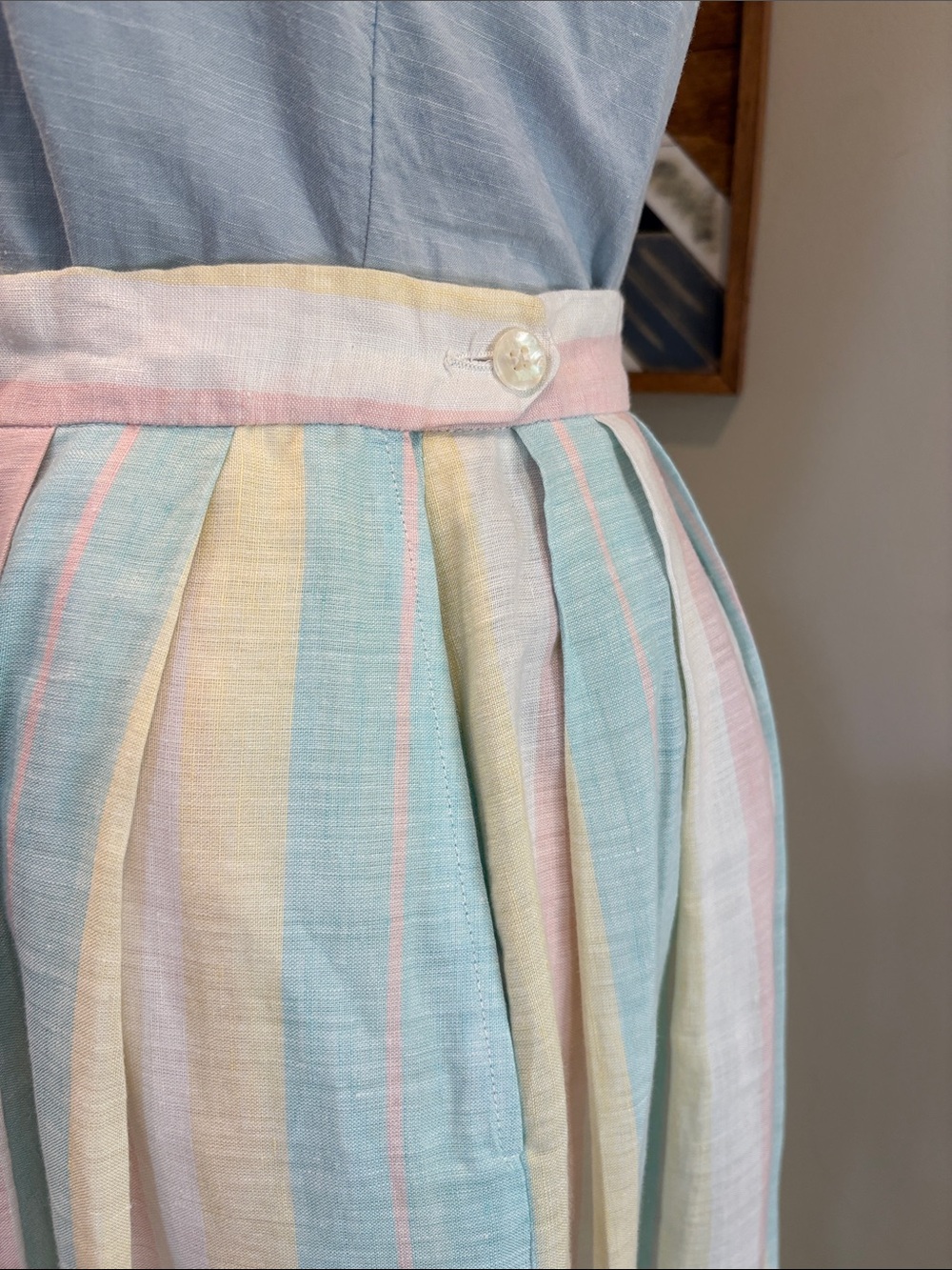 Vintage Tassels & Cuffs Corbin Ltd Striped Pastel Pleated Linen Skirt size Small - Picture 7 of 14